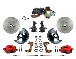 LEED Brakes - Power Front Disc Brake Kit 2" Drop Spindle Drilled and Slotted Rotors Red Powder Coated Calipers 9" Booster Disc/Drum