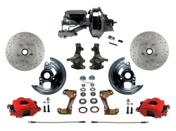 LEED Brakes - Power Front Disc Brake Kit 2" Drop Spindle Drilled and Slotted Rotors Red Powder Coated Calipers 9" Chrome Booster Chrome M/C Disc/Drum