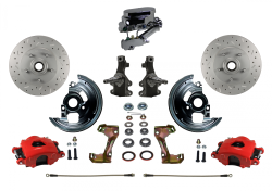 LEED Brakes - Manual Front Disc Brake Kit 2" Drop Spindle Drilled And Slotted Rotors Red Powder Coated Calipers with Chrome M/C Disc/Drum