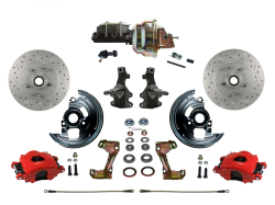 LEED Brakes - Power Front Disc Brake Kit 2" Drop Spindle Drilled and Slotted Rotors Red Powder Coated Calipers 8" Dual Booster Adjustable Proportioning Valve
