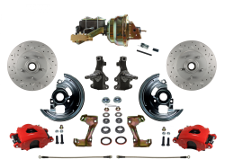 LEED Brakes - Power Front Disc Brake Kit 2" Drop Spindle Drilled and Slotted Rotors Red Powder Coated Calipers 8" Dual Booster Disc/Drum