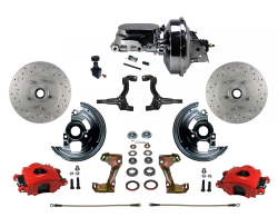 LEED Brakes - Power Front Disc Brake Kit Drilled and Slotted Rotors, Red Powder Coated Calipers with 9" Chrome Booster, Chrome M/C Adjustable Proportioning Valve