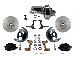 LEED Brakes - Power Front Disc Brake Kit Drilled and Slotted Rotors, Black Powder Coated Calipers with 9" Chrome Booster, Chrome M/C Adjustable Proportioning Valve