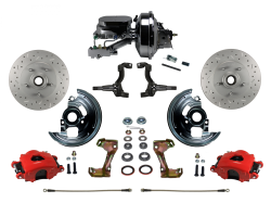 LEED Brakes - Power Front Disc Brake Kit Drilled and Slotted Rotors, Red Powder Coated Calipers  with 9" Booster Disc/Disc