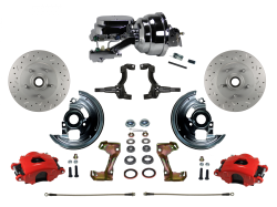 LEED Brakes - Power Front Disc Brake Kit Drilled and Slotted Rotors Red Powder Coated Calipers with 8" Dual Chrome Booster Disc/Disc