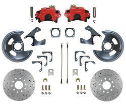 LEED Brakes - Rear Disc Brake Conversion Kit - MaxGrip XDS - Red Powder Coated Calipers - GM 10 & 12 Bolt Axles 5 x4.75 non Staggered Shocks