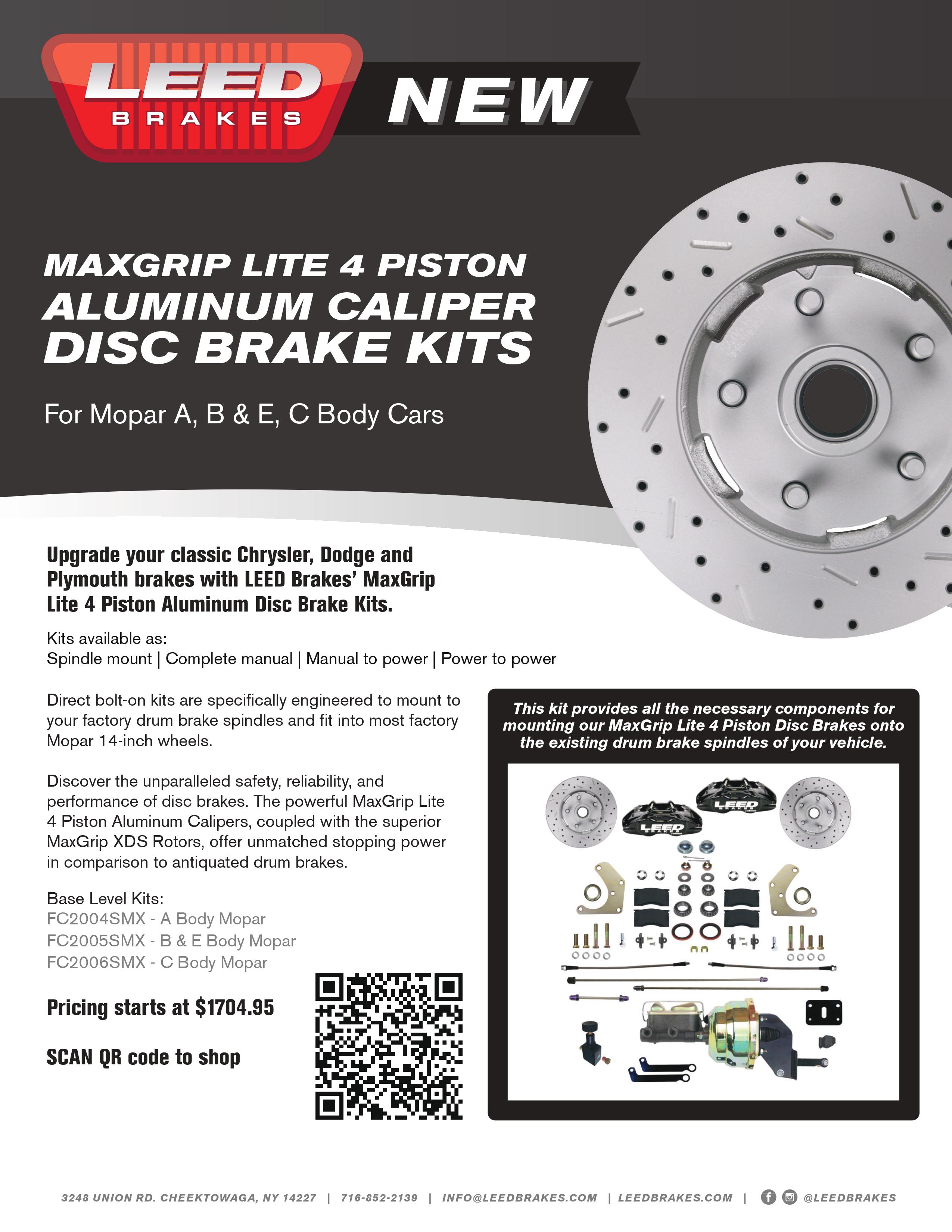 LEED Brakes MaxGrip Lite 4 Piston Aluminum Caliper Disc Brake Kits for Mopar A, B & E, C Body Cars