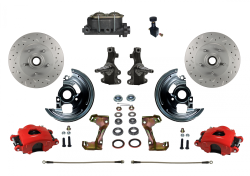 LEED Brakes - Manual Front Disc Brake Kit 2" Drop Spindle Drilled And Slotted Rotors Red Powder Coated Calipers Cast Iron M/C Adjustable Proportioning Valve