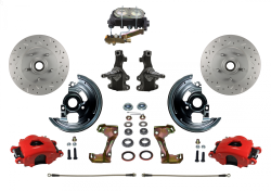 LEED Brakes - Manual Front Disc Brake Kit 2" Drop Spindle Drilled And Slotted Rotors Red Powder Coated Calipers Cast Iron M/C Disc/Disc