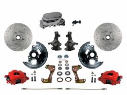 LEED Brakes - Manual Front Disc Brake Kit 2" Drop Spindle Drilled And Slotted Rotors Red Powder Coated Calipers with Chrome M/C Adjustable Proportioning Valve