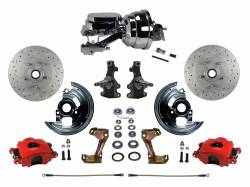 LEED Brakes - Power Front Disc Brake Kit 2" Drop Spindle Drilled and Slotted Rotors Red Powder Coated Calipers 8" Dual Chrome Booster Disc/Drum