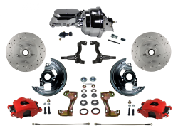LEED Brakes - Power Front Disc Brake Kit Drilled and Slotted Rotors Red Powder Coated Calipers with 8" Dual Booster & Adjustable Proportioning Valve