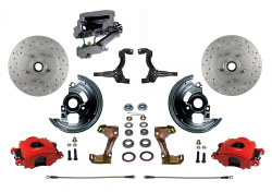 LEED Brakes - Manual Front Disc Brake Kit MaxGrip XDS Rotors Red Powder Coated Calipers Chrome Aluminum M/C Disc/Disc