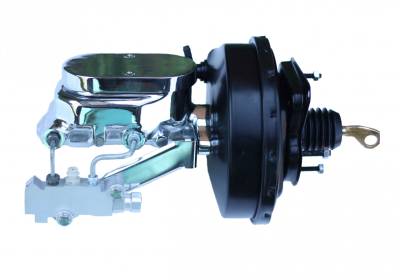 LEED Brakes - 9 inch power brake booster with bracket, 1-1/8 inch bore Flat Top master cylinder , Side mount valve, disc/drum (Black)