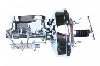 LEED Brakes - 9 inch power booster , 1-1/8 inch Bore Flat Top master, bottom mount valve. Disc/drum (Chrome)