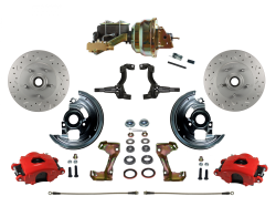 Power Front Kits - Power Front Kit - Stock Ride Height - LEED Brakes - Power Front Disc Brake Kit Drilled and Slotted Rotors Red Powder Coated Calipers  with 8" Dual  Booster Disc/Drum