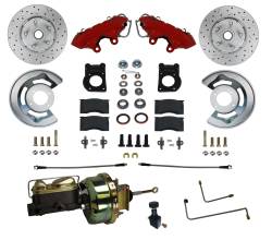 Front Disc Brake Conversion Kits - Power Front Kits - 1964-66 Mustang Power Front Kit with Drilled Rotors and Red Powder Coated Calipers for Factory Automatic Transmission Cars