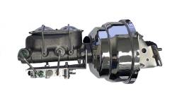 8 inch Dual power booster, 1-1/8 inch Bore Cast Iron Master Cylinder (Chrome Lid), 4 wheel disc proportioning valve