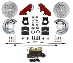 MANUAL FRONT DISC BRAKE CONVERION KIT WITH DRILLED ROTORS AND RED POWDER COATED CALIPERS for 1962-69 Ford Fairlane, 1963-69 Falcon & Ranchero, 1963-69 Mercury Comet, 1964-69 Cyclone
