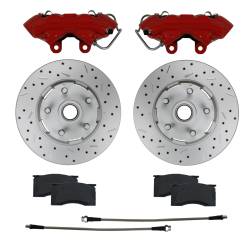 Front Disc Brake Conversion Kits - Spindle Mount Kits - LEED Brakes - 4 Piston Calipers | Caliper Upgrade for 1964-67 Mustang with MaxGrip XDS Rotors & Red Powder Coated Calipers